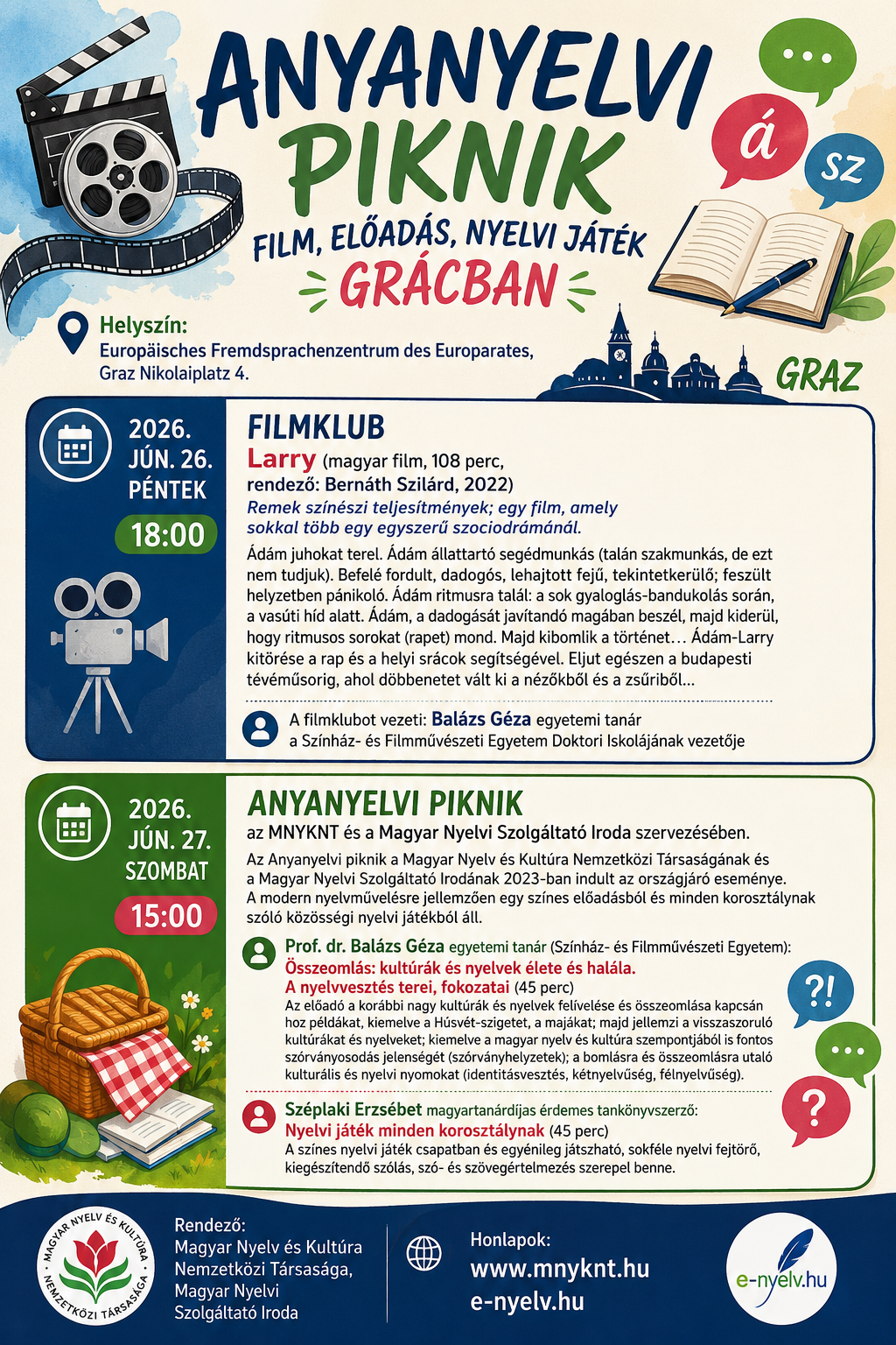 Anyanyelvi piknik (film, előadás, nyelvi játék) Grácban, 2026. június 26–27.